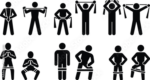 Various exercise routines using resistance bands and bodyweight movements stick figure icon set