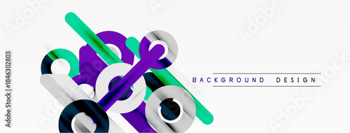 Abstract geometric shapes overlap, creating dynamic visual effect. Teal, purple, silver tones dominate white background. Modern design element.