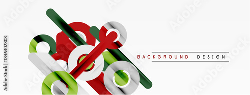 Abstract geometric shapes overlap, creating dynamic composition. Red, green, white hues dominate design. Minimalist style.