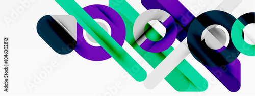 Abstract geometric shapes overlap, creating dynamic composition. Colors include green, purple, gray, dark blue. Modern design elements present.