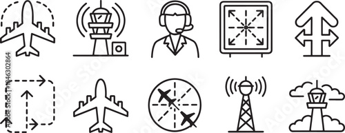 Collection of nine black line art icons related to aviation and air traffic control airplane aircraft