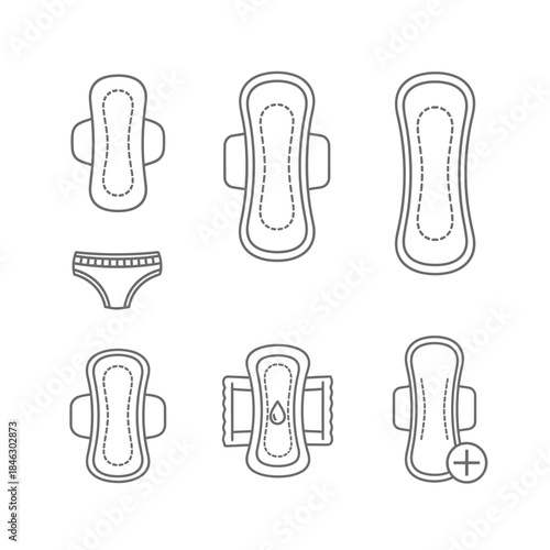 Feminine hygiene and menstrual care line icons: sanitary pads and underwear collection