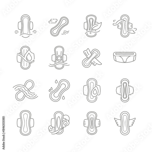 Diverse collection of line icons illustrating various types of sanitary pads and feminine hygiene products