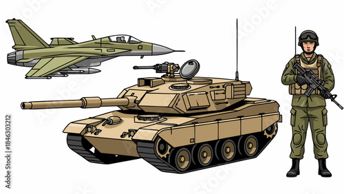 Military might: a cartoon illustration featuring a fighter jet, tank, and soldier