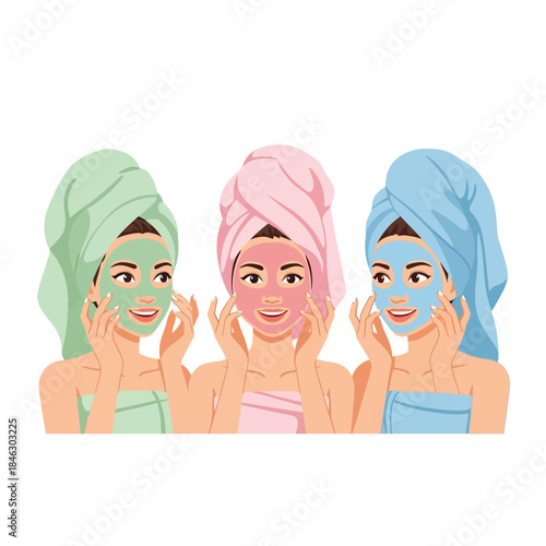 Three happy women enjoying a relaxing spa day with colorful facial masks and beauty treatment