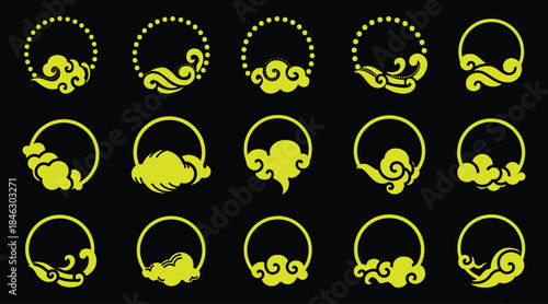 Collection of Yellow Cloud and Swirl Circular Frames on Black Background