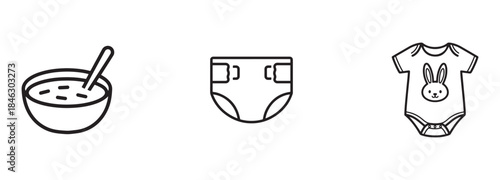 Baby Care Icons Set: Diaper, Feeding Bowl with Spoon, and Bunny Bodysuit Outline