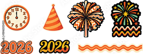 Retro 70s New Year 2026 Vector set, Groovy Clock, Fireworks, 2026 Typography, Party Hat, Psychedelic Festive Vector Set