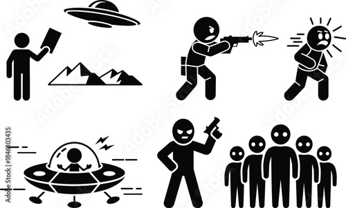 Black and white stick figures illustrating science fiction themes and human interaction