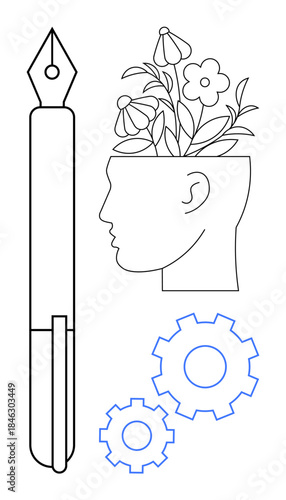 Head with flowers symbolizing creativity, gears representing innovation, and fountain pen for ideas. Ideal for education, creative processes, problem-solving, personal growth, brainstorming, design