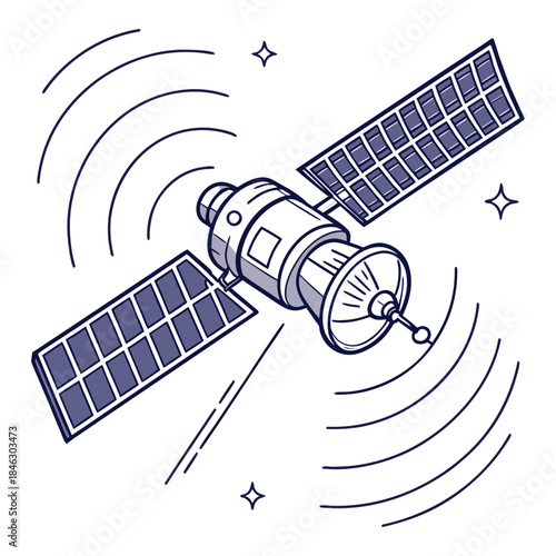 Solar panel satellite rotating in space with reflection effect