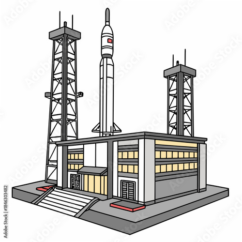 Spaceport with support towers around rocket launchpad 1