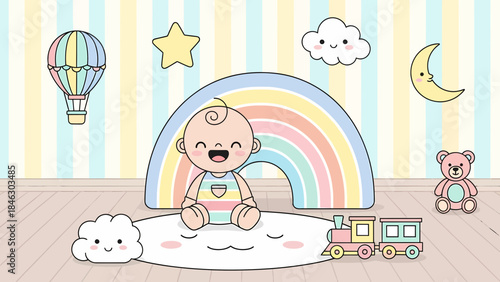 Happy Cartoon Baby Sitting on Rainbow.