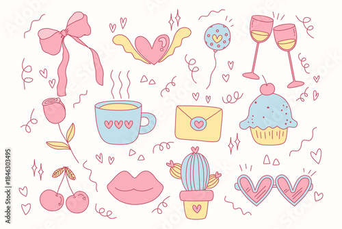 set of hand drawn doodle valentine ornament for design red hearts and flowers valentine day 	