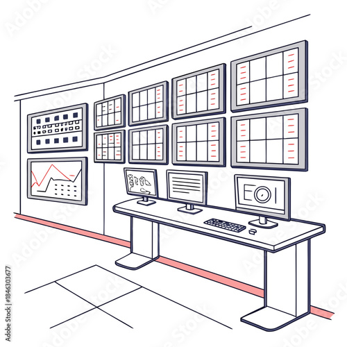 Control room with computer workstation and multiple screens on wall