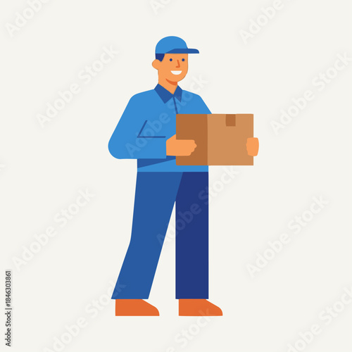Flat vector illustration of a courier delivering a package, standing pose, solid colour palette, clean geometric shapes, minimalist design, no gradients, no textures, isolated on plain background