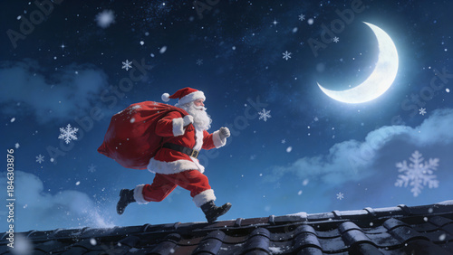 Santa Claus running on a rooftop at night with a sack of gifts under a crescent moon and falling snow