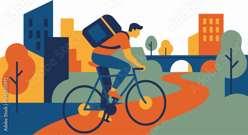 Flat vector illustration of a bike courier riding through city, simplified urban elements, bold solid colours, dynamic motion pose, flat modern vector illustration, 