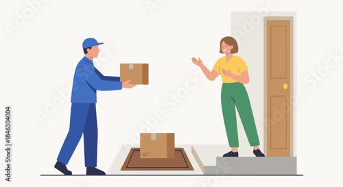Flat vector illustration of a courier handing package to customer, contactless delivery concept, simplified human figures, solid colours, modern flat vector illustration, 