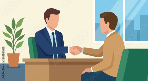 Flat vector illustration of a banker shaking hands with client, trust and partnership concept, simplified human figures, solid colours, flat vector illustration,