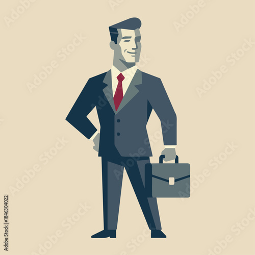Flat vector illustration of a banker standing confidently, formal business attire, solid colour palette, clean geometric shapes, minimalist design, no gradients