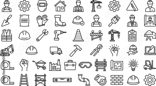 Construction safety icon set, building worker symbols, tools, equipment, industry, engineering, repair, maintenance outline vector illustration collection