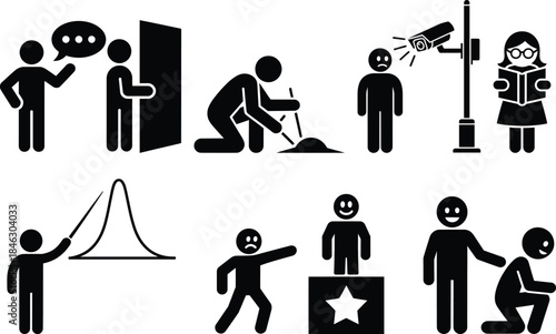 A collection of pictograms showing various human actions, interactions, and daily life scenarios