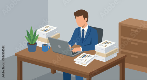 Flat vector illustration of a banker working at desk, laptop and financial documents, simplified office environment, solid colours only, flat modern vector illustration, no text, Adobe Stock approved