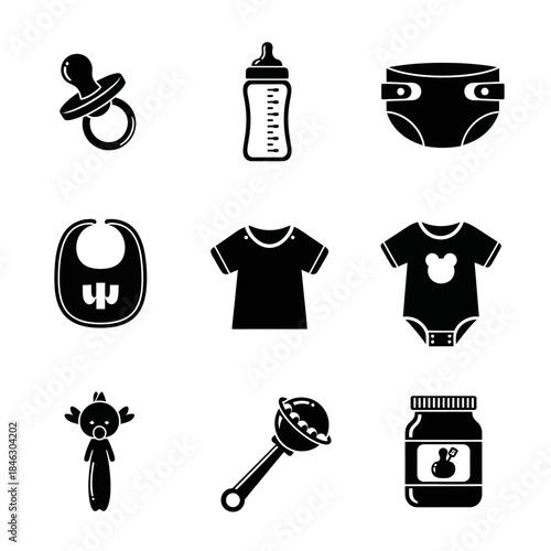 silhouettebaby, bottle, cup, coffee, cooking, restaurant, black, drink, food black and white icons set