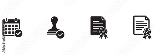 Verified Icons: Approved Stamp, Certified Document, Confirmed Date Calendar