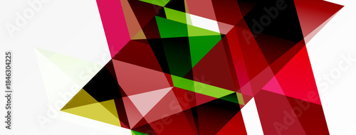 Abstract geometric shapes overlap, creating vibrant red, green, pink composition. White background provides contrast. Modern design elements present.