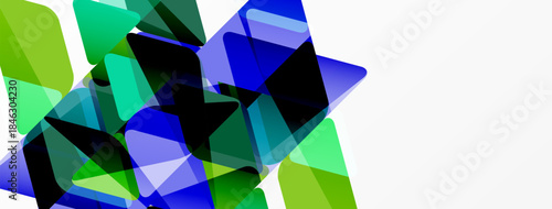 Abstract geometric shapes overlap, creating dynamic visual effect. Blue, green hues dominate composition, contrasted by white space.