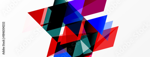 Abstract geometric shapes overlap, creating vibrant color blocks. Composition features red, blue, purple hues on white background.