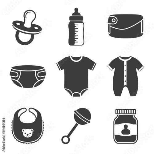 set of clothing icons with silhouettebaby, bottle, cup, coffee, cooking, restaurant, black, drink, food black and white icons set