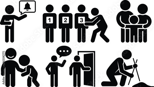 A collection of black and white icons representing diverse human actions and interactions
