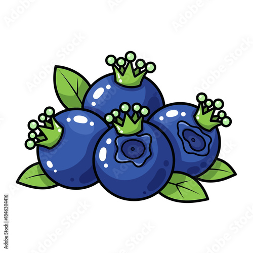 A cute cartoon-style illustration of three ripe blueberries