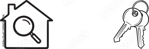Search house icon with keys outline. Real estate property inspection concept.