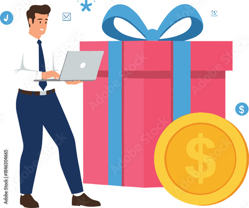 A cheerful man using a laptop next to a giant gift box and large dollar coin, representing an online reward, bonus, or special digital promotion.