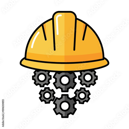 a yellow construction hard hat placed above a dark gray gear icon