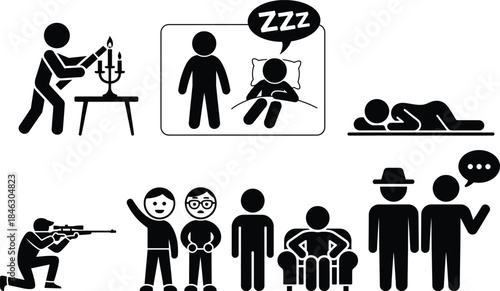 Collection of diverse stick figure pictograms representing human actions and scenarios