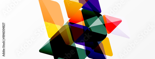Abstract composition. Overlapping translucent shapes create dynamic visual effect. Colors blend, forming complex patterns. Minimalist design.