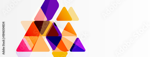 Abstract geometric shapes overlap, creating vibrant color blends. Triangles dominate composition, suggesting dynamism, energy. Minimalist design.