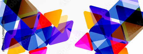 Abstract geometric shapes overlap, creating vibrant colorful patterns. Triangles dominate composition, offering dynamic visual texture.