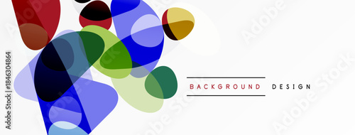 Abstract colorful shapes overlap, creating dynamic visual effect. White space provides clean contrast. Modern design element.