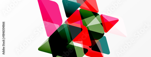 Abstract composition featuring overlapping colorful geometric shapes. Pink, red, green tones dominate white background. Modern design.