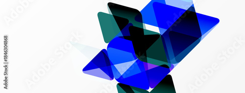 Abstract shapes overlap, creating dynamic composition. Blue, teal hues dominate white background. Modern design element.