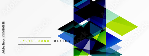 Abstract geometric shapes overlap, creating dynamic visual effect. Blue, green hues dominate white background. Modern design element.