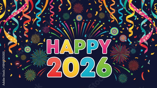 New Year Cheer: Vibrant burst of fireworks and colorful streamers form a joyful declaration for a happy upcoming year, conveying excitement for the future.
