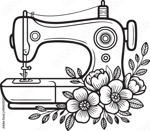 Vintage Sewing Machine Silhouettes with Floral Decoration