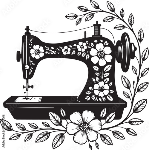 Vintage Sewing Machine Silhouettes with Floral Decoration